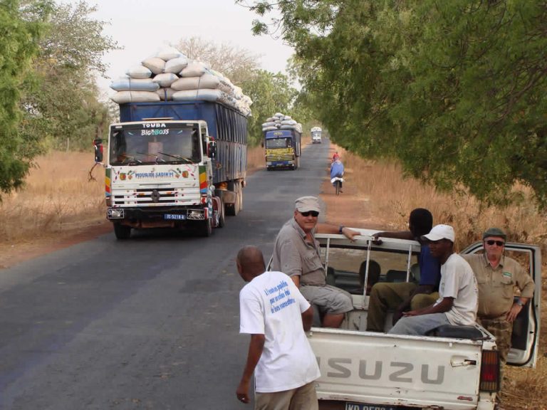 Sur la route : pick-up et camions chargés de sacs